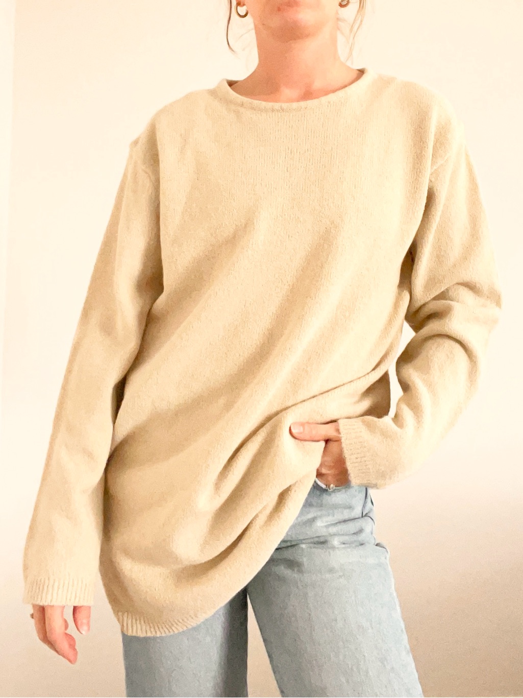 Vintage Oversized Tunic Crewneck Sweater - Cream